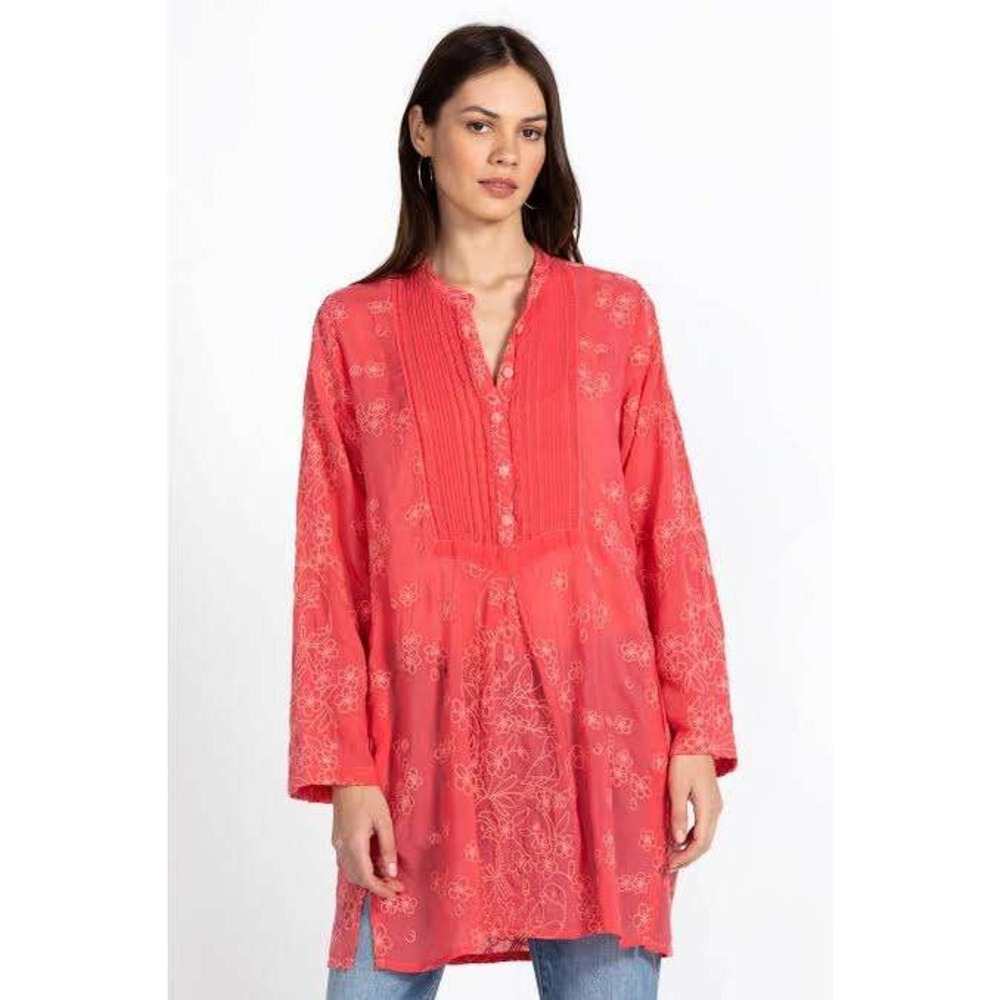 Johnny Was Coral Pink Embroidered Floral Birdie Marisol Tunic LARGE Boho Flowy